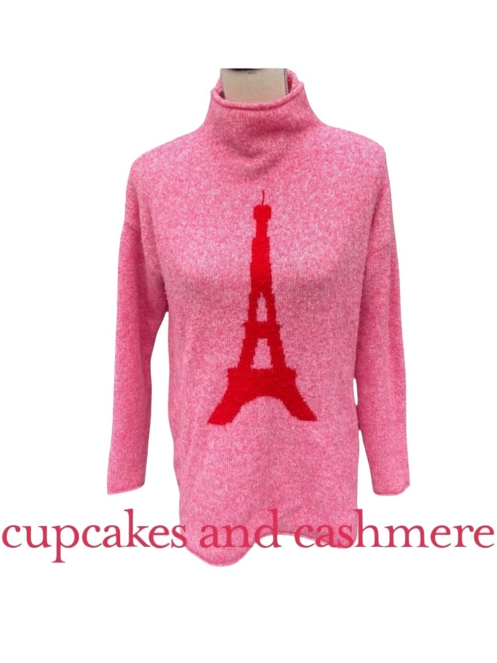 Cupcakes & Cashmere Pink Eiffel Tower Funnel Neck Sweater (S)